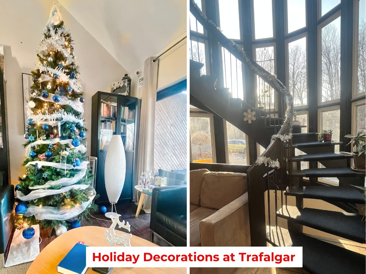 The holiday decorations at Trafalgar.